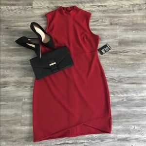 Red Ribbed Mock Neck Sheath Dress